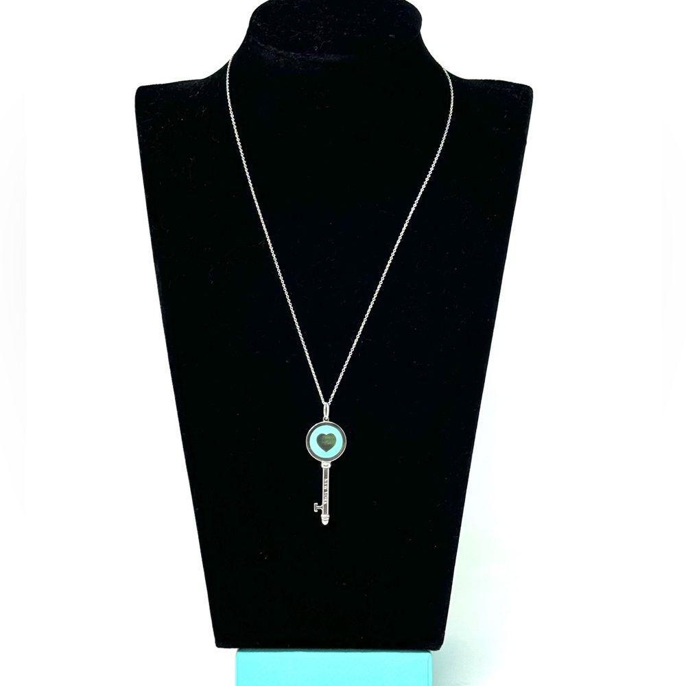 Authentic Tiffany & co. Enamel Blue Heart Key Pendant Necklace. - Picture 2 of 11